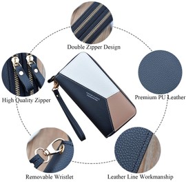 Women's Wallet with Double Zip, Polyurethane Leather Phone Wallet, Large Capacity, Long Clutch Purse with Multiple Card Slots and Wrist Strap Artificial Leather, Black (black 4)