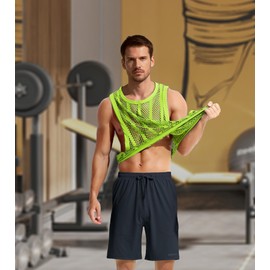 JINSHI Men's Fishnet Striped Athletic Tank Tops Mesh Tops Loose Sleeveless Vest See Through Undershirts Muscle Shirts Swimwear Green L