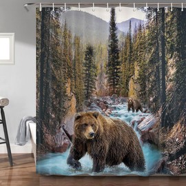 Forest Bear Shower Curtain, Misty Mountains Wildlife Farm Rustic National Park Jungle Rainforest Stream River Rock Natural Landscape Fabric Bathroom Decor Curtain with Hook