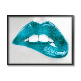 Stupell Industries Modern Blue Fashion Lip Bite Feminine Glam Photography, Designed by Sarah McGuire Black Framed Wall Art, 20 x 16, Silver