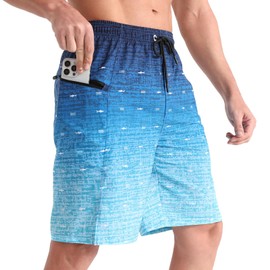 zeetoo Mens Swim Trunks with Compression Liner 9" Inseam Quick Dry Swim Shorts with Zipper Pockets Bathing Suit Gradient-Fish-Blue L