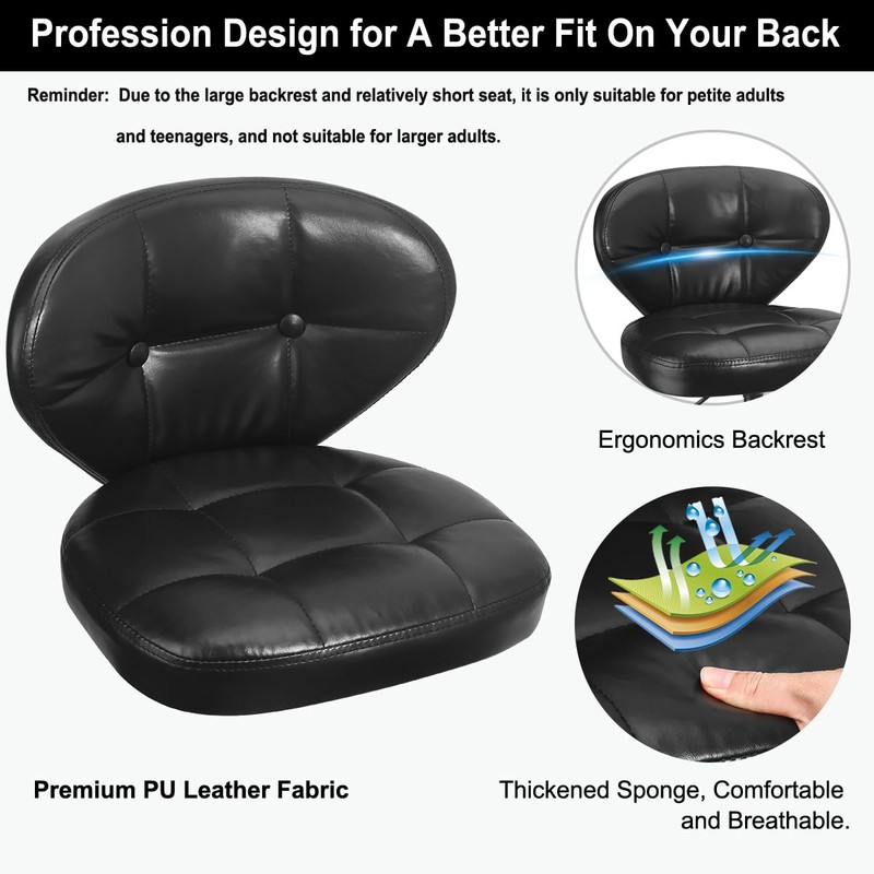 JOSTZHXIN Home Rolling Stool, PU Leather Rolling Chair with Back,