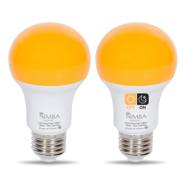 Simba Lighting Bug Repellent Yellow LED Bulb 6W 40W Equivalent, Great for Outdoor Porch Light, Night Light, Dusk-to-Dawn Smart Sensor Auto On/Off, Amber Warm 2000K, A19 E26 Medium Base, Pack of 2