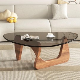 Mid Century Modern Glass Coffee Table, Coffee Table for Living Room, Brown Glass Coffee Tables,Suitable for Bedroom Living Room Reception Office Tables (Walnut/Grey, Medium 35.8 * 25.5 * 16in)