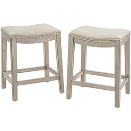 Barton Set of 2 Bar Stools Beige 24" Saddle Backless Premium Padded Indoor/Outdoor Nailhead Cushion Kitchen Counter Chairs Pub Seat Foot Rest