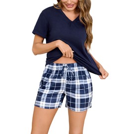 Jezonga Women's Short Cotton Pyjamas Summer Set Sleepwear Short Sleeve Loungewear Sleepwear Two Piece V-Neck Elastic Waistband Pockets, blue