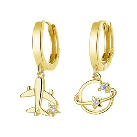 Airplane Planet Dangle Hoop Earrings for Women Girls 925 Sterling Silver Crystal CZ Star Asymmetrical Dangling Charm Drop Hoops Cartilage Earrings Small Huggie Birthday Jewelry Gifts (Gold)