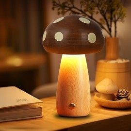 Richaa Wooden Mushroom Lamp - Rechargeable Touch Mushroom Night Light, Aesthetic Bedside Light Nature Decor Creative Gifts (Ebony + Beech)