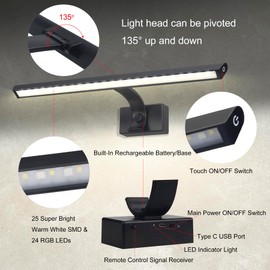 BIGMONAT 16inch Wireless LED Picture Light with Remote, USB Rechargeable Battery Operated Painting Light, Color Changing Art Display for Wall with Timer,Dimmable Art Light for Paintings,Frame,Portrait