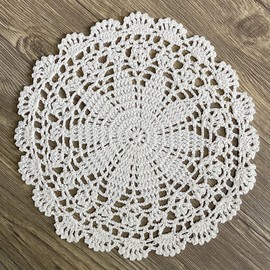 PHANTOMON Crochet Doilies Handmade Round Cotton Lace Table Placemats Knitted Tablecloth, Star Pattern Rippled Edge, Pack of 4 (10 Inch, Beige)