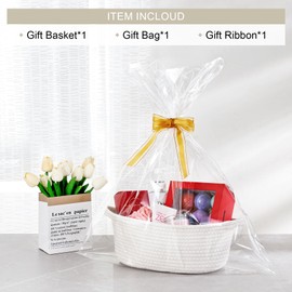 LANDNEOO Small Woven Basket with Gift Bags and Ribbons, Empty Decorative Gift Chest Box, Cute Baby Gift Basket for Nursery, Cotton Rope Room Shelf Storage Basket with Handles, 12"x 8"x 5",White
