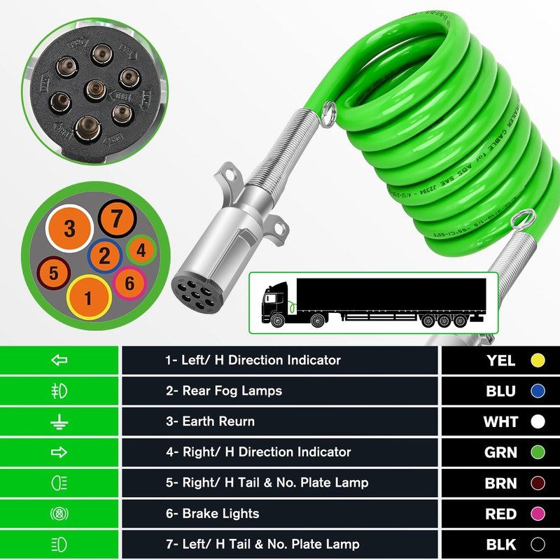 Nilight 12FT 7 Way Coiled ABS Cord Heavey Duty Zinc