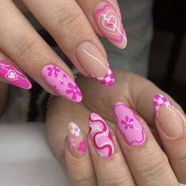 Pink Press on Nails Flower Fake Nails Medium Almond False Nails with Heart Design French Tip Glue on Nails Glossy Artificial Acrylic Nail Full Cover Nude Stick on Nails for Women Manicure 24Pcs
