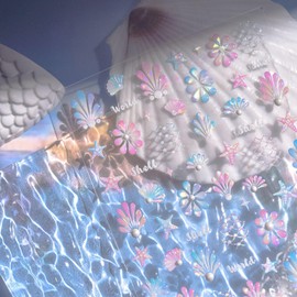 1 Sheets Summer Beach Nail Stickers for Nail Art Holographic Laser Seashell Nail Decals with Pearl Diamond Designs Cute Starfish Nail Art Stickers 5D Embossed Sea Self-Adhesive Nail Design for Women