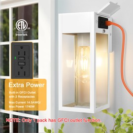 OYKYOHEI 2 Pack Porch Lights Outdoor Wall Sconce, Outdoor Light with GFCI Outlet, Waterproof Exterior Wall Lantern Light Fixtures, Anti-Rust Wall Lamp with Clear Glass for Patio Doorway Garage- White