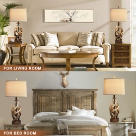 HUITICO Rustic Farmhouse Table Lamp for Living Room End Table Deer Antler Lamps with USB Ports 28" Tall Western Lamps for Bedroom Cabin Country Lamps for Nightstand, Single, Bulb Not Included