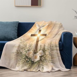 Christian Cross Blanket Gifts for Women Girls Kids, Soft Warm Lightweight Faith Dove Cross Floral Flannel Throw Blankets for Living Room Sofa Home Bedroom Decor 50" x 60"