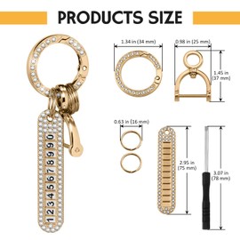 WORCAS Golden metal bling rhinestone car keychain with a 360-degree rotating fashionable horseshoe key-ring multi-functional key ring and phone number tag