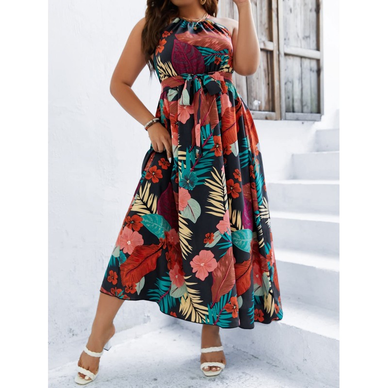 Floerns Women's Plus Size Boho Sleeveless Halter Neck Tie Back