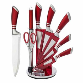 MDHAND 9-Piece Kitchen Knife Set with Acrylic Block, Non-Stick High Carbon Stainless Steel, Sharp Blades for Meat, Slicing, Chopping, Ideal Gift for Women - Color: ZY-9JIANTCHUFDAOJU-red