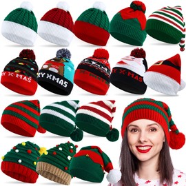 Hicarer 16 Pcs Christmas Santa Hats Bulk Xmas Elf Cap Christmas Knitted Crochet Hats Knitted Hats with Pom Winter Holiday Hats Red and Green Skull Cap for Xmas Winter Holiday Party Teens Gift