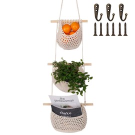 3 Tier Over the Door Organizer Boho Hanging Basket, Hanging Wall Vegetable Fruit Baskets Handwoven Decorative for Kitchen Living & Bathroom Bedroom Kitchen Organizer White