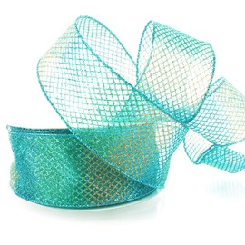 Ribbon Traditions Sheer Ombre Glitter Diamond Mesh Wired Ribbon 2 1/2" by 10 Yards - Turquoise