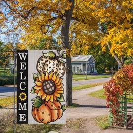 Heyfibro Welcome Fall Garden Flag 12 x 18 Inch Vertical Double Sided Burlap, Leopard Pumpkin Sunflower Yard Flags Autumn Maple Leaves Seasonal Flag for Thanksgiving Farmhouse Decoration(ONLY FLAG)