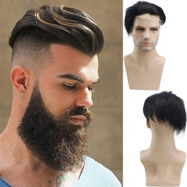 Voloria French Lace Front with PU Men's Toupee Man Hairpieces Human Hair Replacement System for Men 8x6inch High Density 1B Black Color