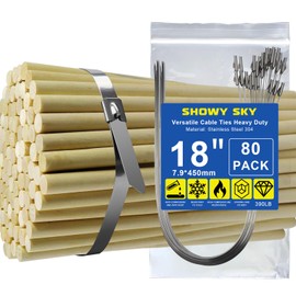 Metal Cable Zip Ties, 80Pcs Stainless Steel Zip Ties 390 Lbs 304 Heavy Duty Self-Locking Strap Ties, 18Inch Steel Cable Tie for Exhaust Wrap, Garden Ties, pipes, Poultry Fence