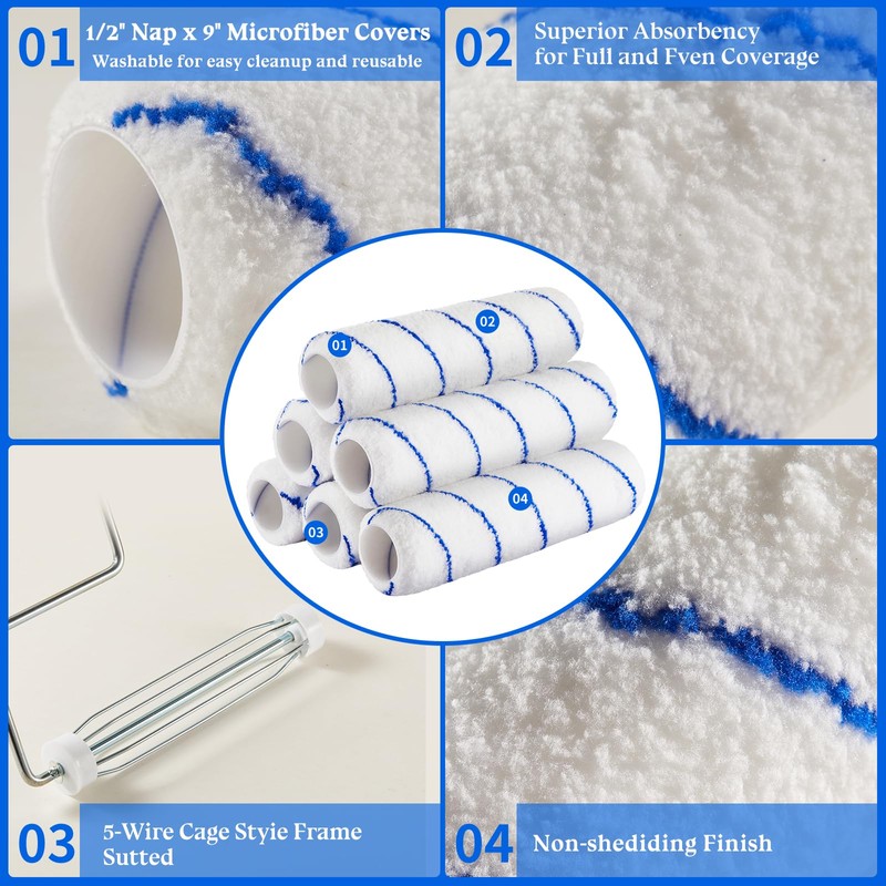 7pcs House Paint Roller Kit, Gesenwin 9 Inch Extendable Roller