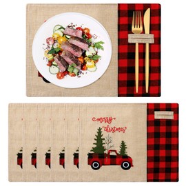 Weldomcor Christmas Placemats Set of 6 Buffalo Plaid Truck Table Place Mats for Dining Table Tableware Pad Burlap Heat Resistant Xmas Table Mats Kitchen Dining Party Decoration
