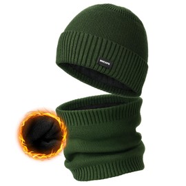 Wmcaps Winter Fleece Lined Hat and Neck Warmer Set for Men Women, Thick Soft Cosy Knitted Hats Scarf Set, Elastic Cuffed Plain Winter Hat Outdoor Activities Gift, Army Green