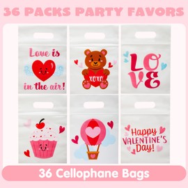 JOYIN 36 bolsas de regalo de celofán para el día de San Valentín con etiqueta de regalo, bolsa de dulces con 6 diseños temáticos de San Valentín para recuerdos de fiesta de niños, premios de intercambio de aula, bolsa de regalo de San Valentín