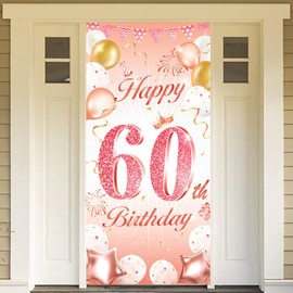 DPKOW Rose Gold 60th Birthday Banner - Backdrop, Wall & Garden Decoration, 185 x 90cm Fabric