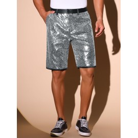 Lars Amadeus Sparkly Silver Sequin Shorts for Men's Straight Leg Club Rave Party Metallic Shorts 32