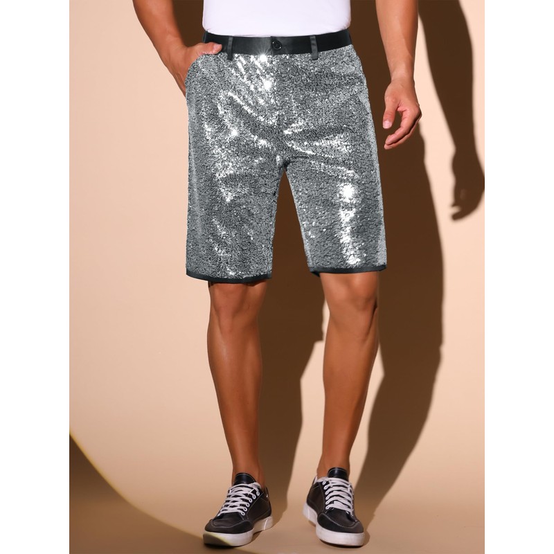 Lars Amadeus Sparkly Silver Sequin Shorts for Men's Straight Leg