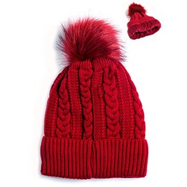 Women Winter Faux Fur Pom Pom Beanie Hat with Warm Fleece Lined Thick Skull Ski Cap Stylish & Warm in Red