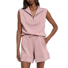 Glamaker Women's Two Piece Short Sets Summer Lounge Sweatsuits Air Essentials Sleeveless Outfits Travel Tracksuit, Petal Pink, Medium