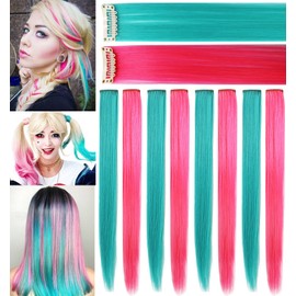 Rhyme Multi-color Hair Extensions for Girls Princess Party Highlight 21 inch Colored Hair Extensions Clip in/On for Girls and Kids Wig Pieces 8PCS (Teal Pink)
