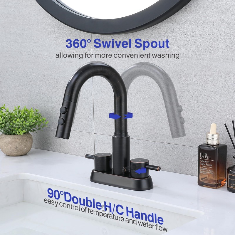 Kablle Bathroom Sink Faucet with Pull Down Sprayer 3 Holes,