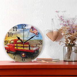Wall Clock Red Vintage Pick Up Truck with American Flag Decorative Hanging Clock Silent Non Ticking Round Clock for Living Room Kitchen Bedroom