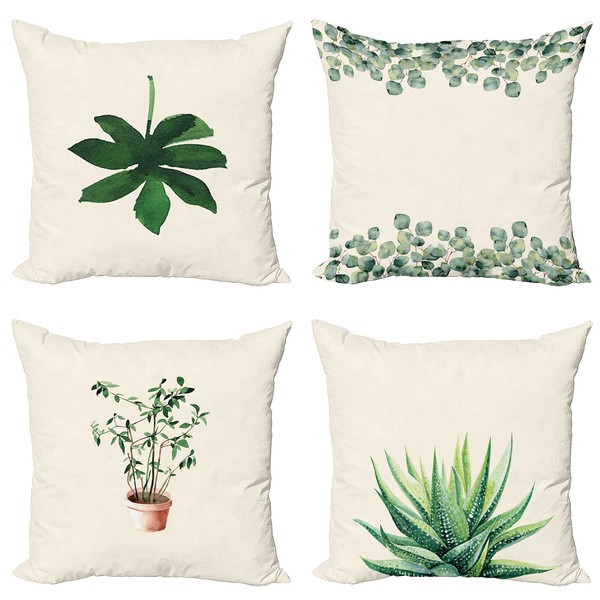 Ambesonne Botanical Throw Pillow Cushion Case Pack of 4, Minimalist Watercolor Painting Leaves Agave Branches Plant in a Pot, Modern Accent Double-Sided Digital Printing, 18", Green White Pale Rust