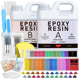 Smallbudi 1 Gallon Epoxy Resin Kit with 24 Colors Mica Powder, Gold Foil, Cups & Stick, Crystal Clear Resin Beginner Supplies for Coating Casting Table, Molds, Jewelry Making, DIY Art Craft, 1:1 Ratio