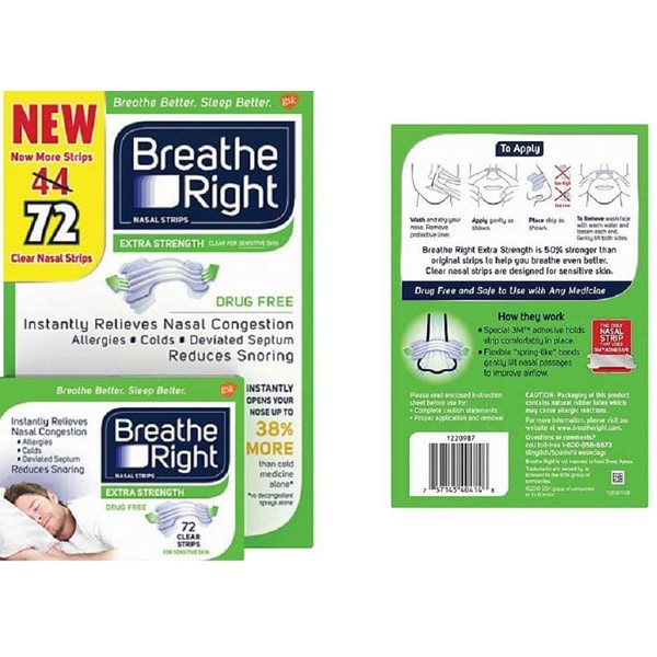 Breathe Right Extra Strength Drug-Free Nasal Strips for Nasal Congestion Relief, 72 Count