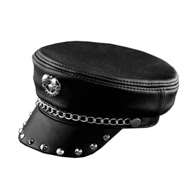 Metal Rivet Studded Skull Mens Genuine Leather Biker Punk Rocker Cap Hat (55cm-56cm)
