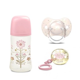 Suavinex, Gold Edition Gift Set Bottle 270 ml + Dummy 0-6 m + Clip, Pink