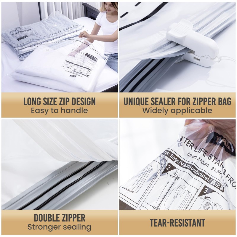 TAILI Vacuum Storage Bags With Long Side Zip 8 Pack