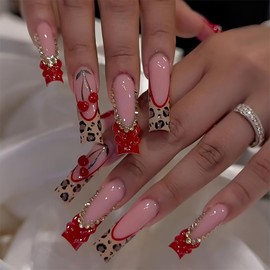 FIEONCIY Press on Nails Coffin Long Length Acrylic Glossy Full Cover Square Shaped French False Nails with Designs Artificial Extra Long Fake Nails with Charms Glue ons Fingernails for Women(XA13293)