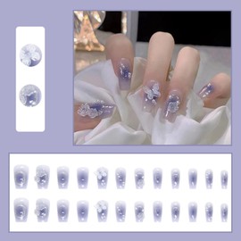 Pack of 24 Artificial Nails Long, French Butterfly Camellia Artificial Nails for Sticking, Acrylic False Nails, Purple Coffin Press on Nails with Nail Glue Stickers for Women and Girls